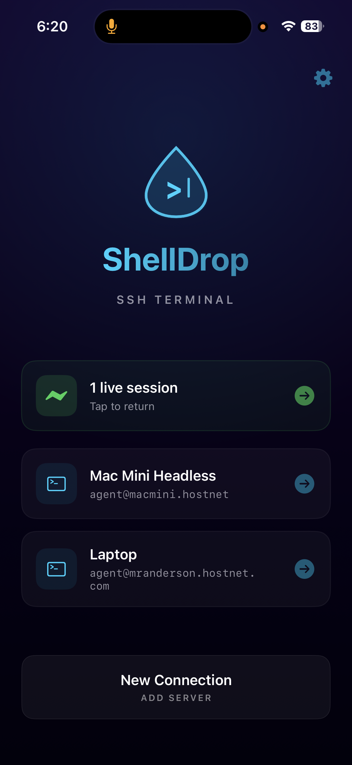 ShellDrop welcome screen showing live session and saved connections